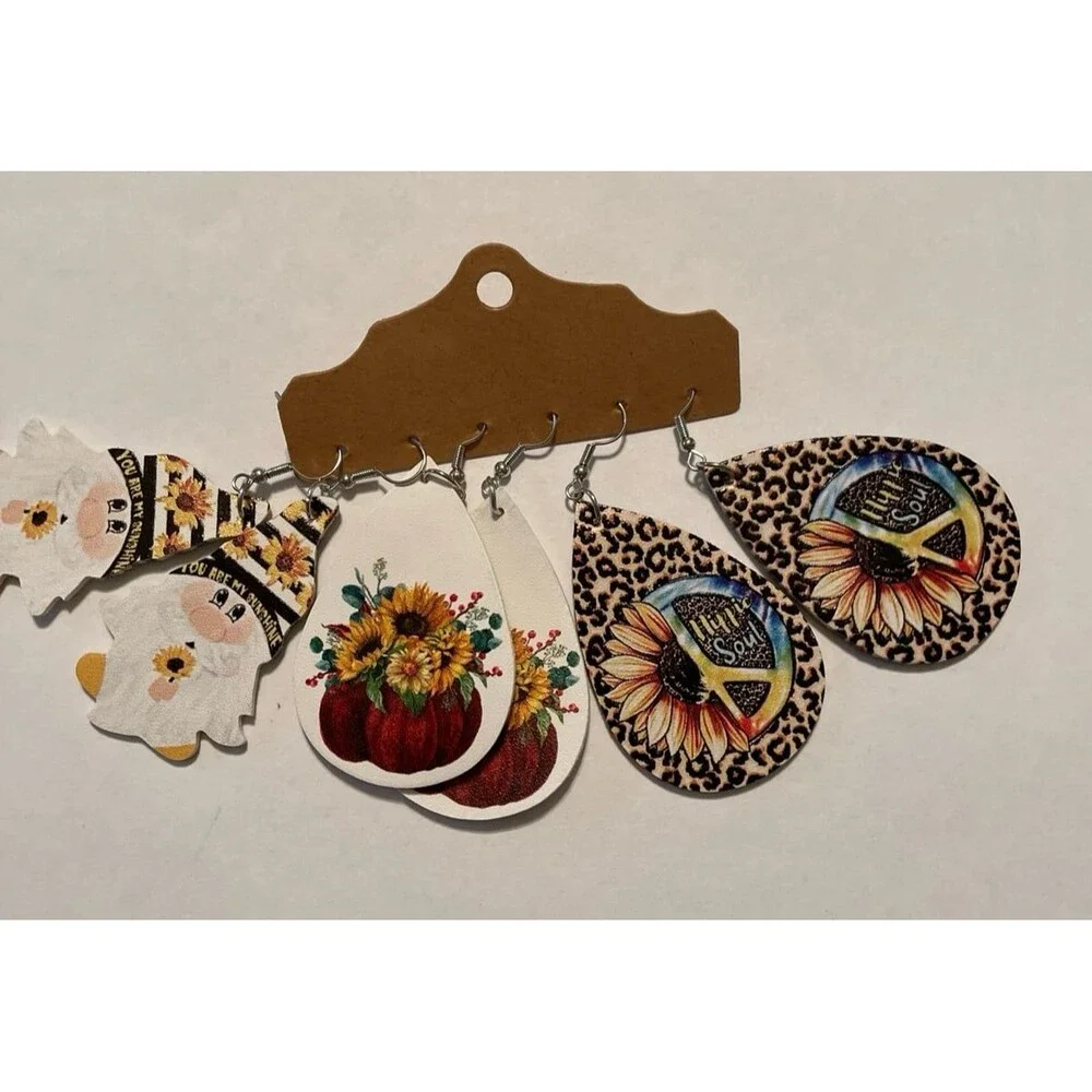 Teardrop Dangle earrings Sunflowers Gnomes Hippie Boho Fall Autumn 3pair New